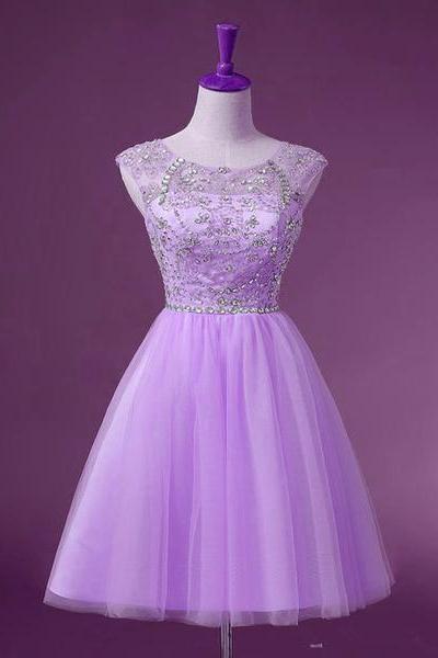 Lavender Tulle Short Knee Length Round Neckline Party Dress, Cute Party Dresses, Homecoming Dresses