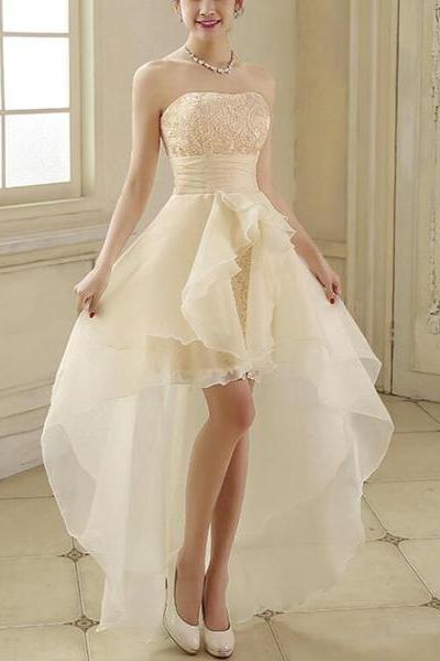Organza And Lace Champagne High Low Homecoming Dresses, Lovely Formal Dress, Cute Party Dress