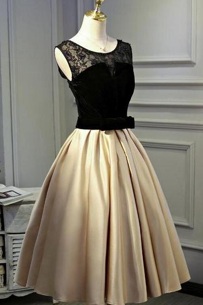 Black Lace And Velvet With Champagne Satin Vintage Style Party Dress, Lovely Formal Dress, Prom Dress