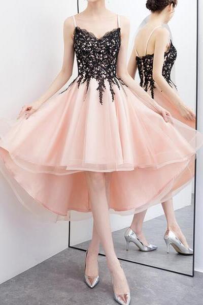 Lovely Straps Black Lace And Tulle Pink High Low Party Dresses, Lovely Formal Dress, Cute Party Dresses