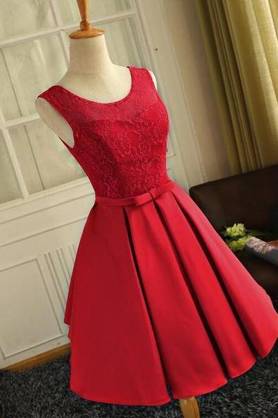 Cute Red Satin Round Neckline Party Dresses, Satin Homecoming Dresses, Short Prom Dress