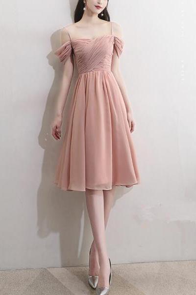Pink Off Shoulder Short Bridesmaid Dresses, Chiffon Party Dress, Pink Party Dresses