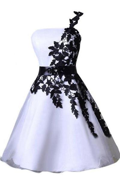 White And Black One Shoulder Graduation Party Dress, Lovely Party Dresses, Cute Prom Dress