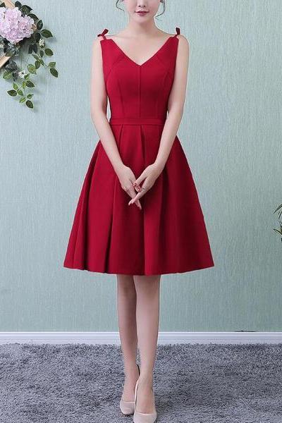 Dark Red Satin Homecoming Dresses, Red Short Cute Party Dresses, Formal Dresses