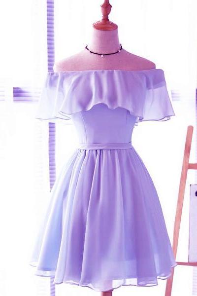 Lavender Chiffon Off Shoulder Short Bridesmaid Dresses, Cute Homecoming Dress, Lovely Party Dresses