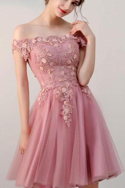 Elegant Pink Off Shoulder Knee Length Tulle Party Dress, Homecoming Dresses, Short Prom Dresses