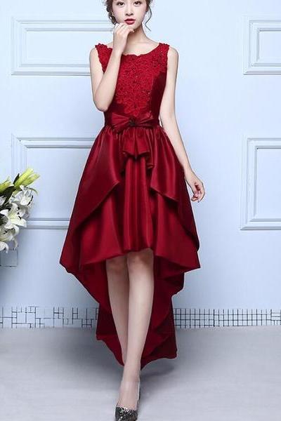 Wine Red Satin And Lace High Low Homecoming Dress , Lovely Formal Dresses