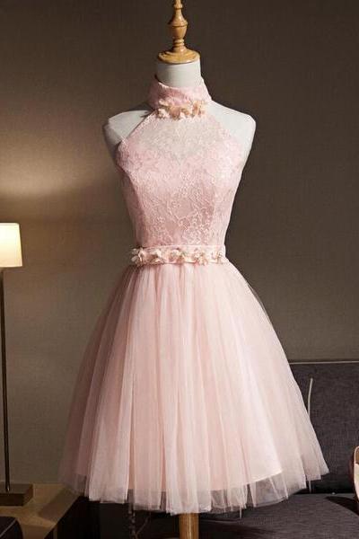 Light Pink Halter Tulle And Lace Lovely Knee Length Formal Dress, Cute Party Dress, Pink Prom Dresses