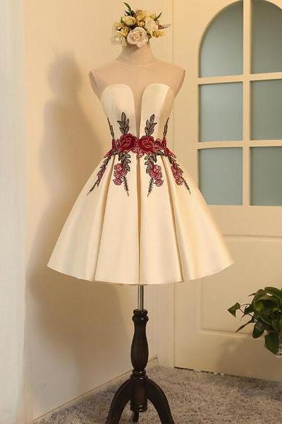 Beautiful Satin Short Cute Party Dress In Stock, Lovely Formal Dresses, Homecoming Dress With Embroidery