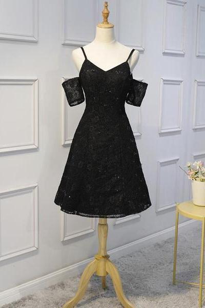 Black Lace With Sequins Homecoming Dresses, Lovely Handmade Short Prom Dress