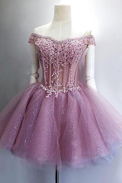 Lovely Sequins And Lace Off Shoulder Short Party Dress, Pink Homecoming Dreses