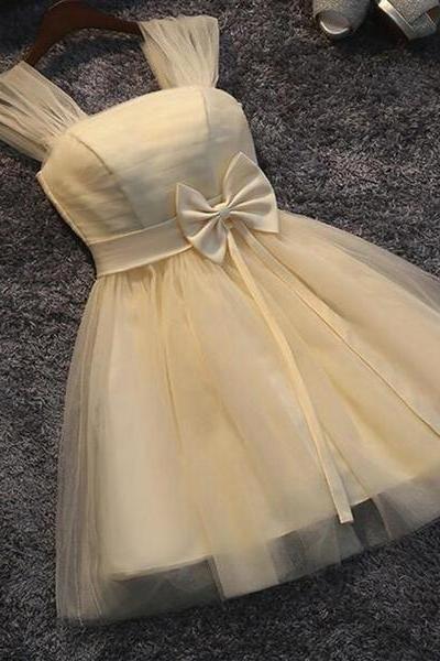 Lovely Champagne Tulle Cute Teen Party Dress With Bow, Straps Tulle Formal Dresses