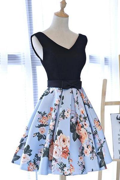 Cute Blue Floral And Black Satin Homecoming Dresses In Stock, Lovely Party Dresses For Teens