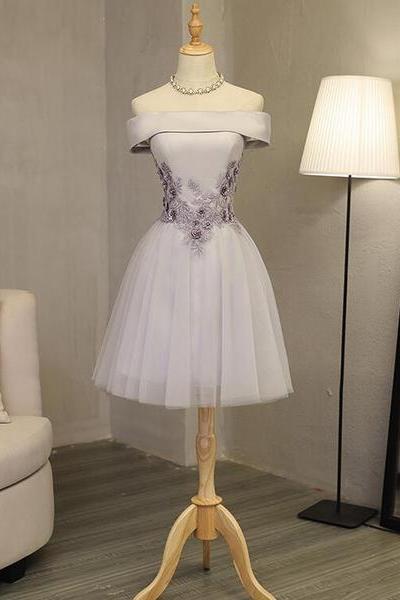 Light Grey Formal Dress, Off Shoulder Knee Length Prom Dress, Party Dress