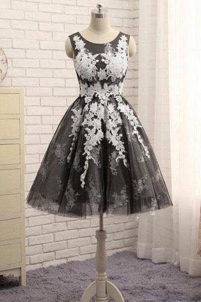 Black Tulle With White Lace Round Neckline Knee Length Homecoming Dresses, Cute Party Dresses