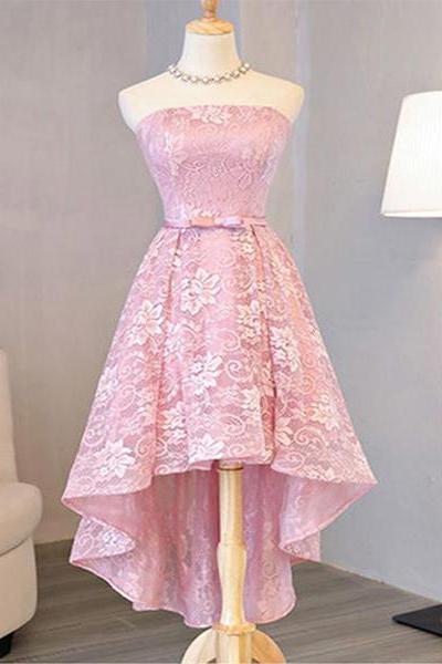 Pink Lace Lovely High Low Homecoming Dresses, Pink Short Prom Dresses