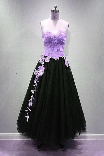 Lavender And Black Sweetheart Floor Length Formal Gown, Black Party Dresses