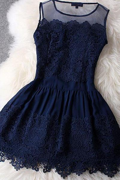 Gorgeous Navy Blue Lace Dresses, Hollow Out Homecoming Dresses For Teen