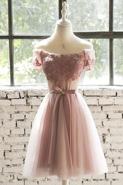 Dark Pink Off Shoulder Knee Length Bridesmaid Dresses, Cute Wedding Party Dresses