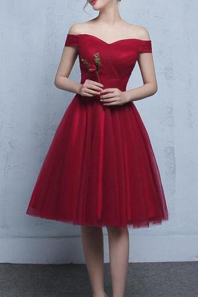 Wine Red Homecoming Dresses, Simple Tulle Off Shoulder Prom Dresses