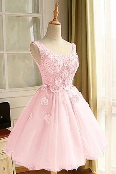 Pink Organza Beaded With Flowers Homecoming Dresses, Cute Round Short Party Dress