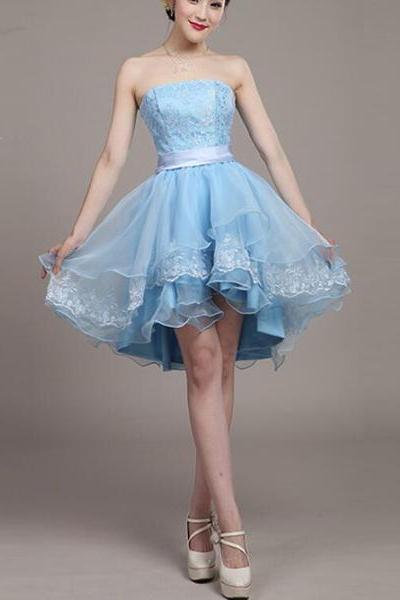 Light Blue Lace And Organza High Low Dresses, High Low Party Dresses, Cute Teen Dresses
