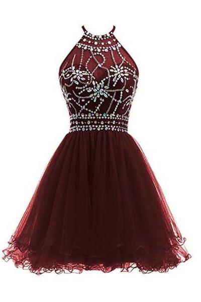 Wine Red Tulle Halter Beaded Gorgeous Lace-up Back Short Homecoming Dresses, Cute Party Dresses