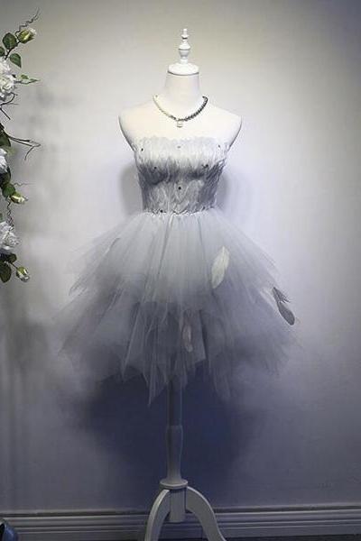 Grey Feather And Tulle Cute Party Dresses, Women Formal Dress