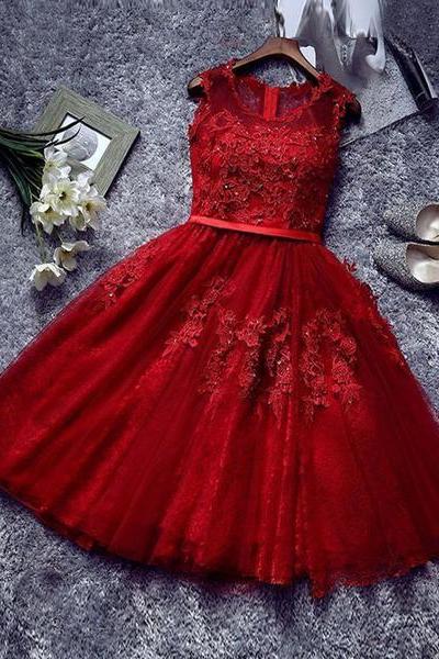 Adorable Tulle Round Neckline Tulle Party Dress With Applique, Wine Red Prom Dress