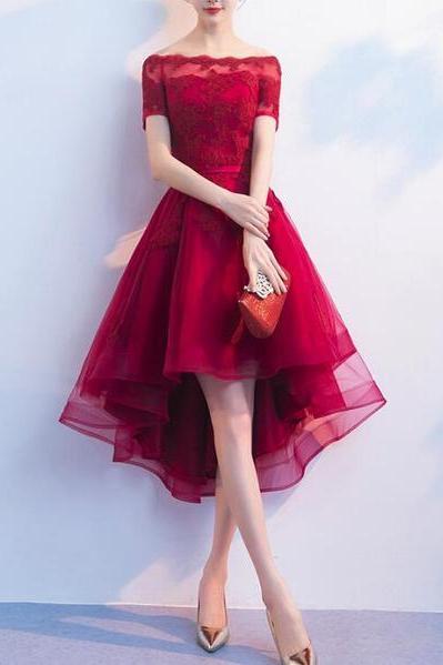 Lovely Wine Red High Low Formal Dress, Cute Party Dresses, High Low Homecoming Dresses