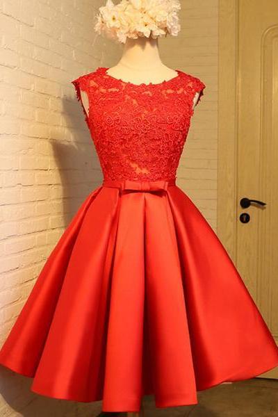Red Lace Knee Length Party Dress , Cute V Back Formal Dress, Teen Homecoming Dresses