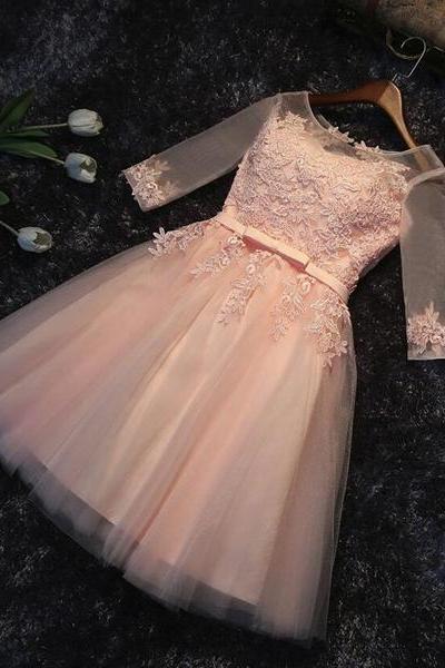 Light Pink Short Sleeves Lace Party Dress, Pink Bridesmaid Dresses, Cute Junior Prom Dress