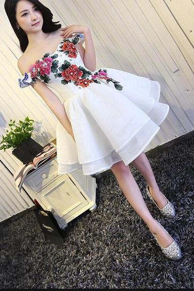 White Off Shoulder Short Party Dress With Embroidery, Lovely Graduation Dresses