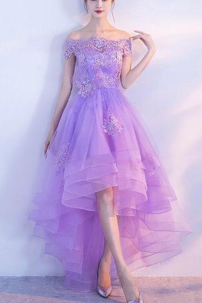 Lavender High Low Scoop Off Shoulder Party Dress, Cute Teen Party Dresses