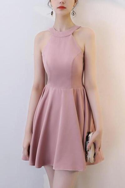 Chiffon Pink Halter Mini Party Dress, Halter Homecoming Dress, Short Prom Dress