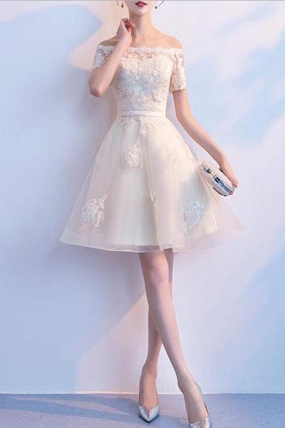 Lovely Ivory Organza Short Sleeves Party Dress, Cute Party Dress, Lovely Short Prom Dress
