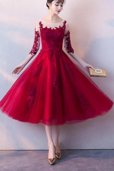 Beautiful Tulle 1/2 Sleeves With Applique Tea Length Formal Dress, Charming Party Gown