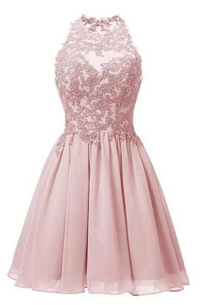 Light Pink Halter Chiffon Lace Applique Party Dress, Handmade Formal Dress