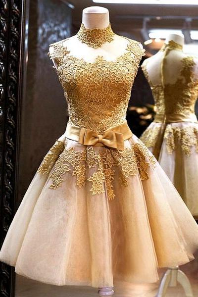 Champagne Tulle With Applique Elegant Vintage Style Prom Dress, ?knee Length Junior Prom Dress