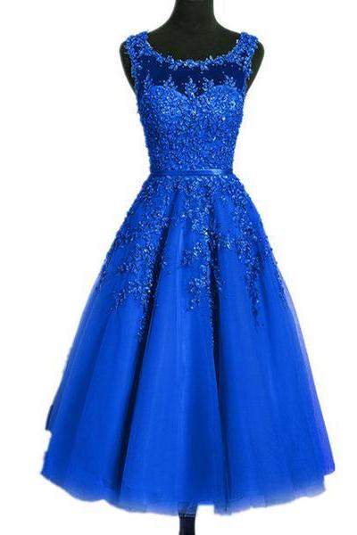 Royal Blue Tulle Tea Length Applique Round Neckline Formal Dress, Blue Wedding Party Dress