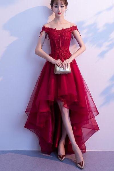 Dark Red High Low Dress, Beautiful Tulle And Lace Prom Dress, Formal Gown