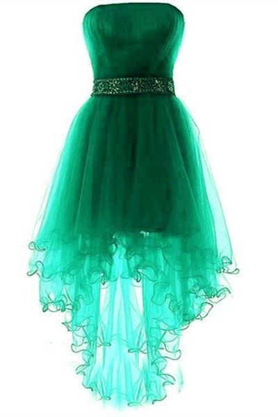 Green High Low Lovely Beaded Tulle Party Dress, Cute Junior Prom Dress