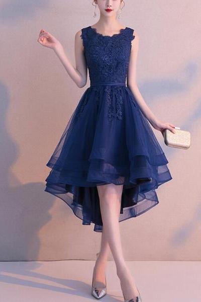 Charming Blue High Low Round Neckline Stylish Party Dress, Cute Formal Dress
