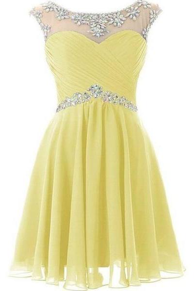 Yellow Chiffon Beaded Party Dress, Short Party Dress, Homecoming Dress