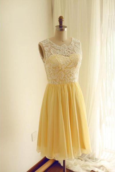 Chiffon And Lace Yellow Bridesmaid Dress, Charming Handmade Formal Dress