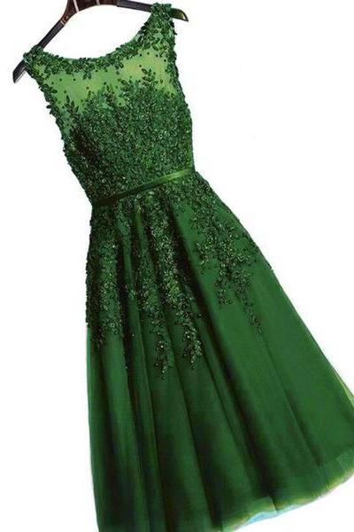 Dark Green Vintage Style Tea Length Formal Gown, Handmade Party Dress