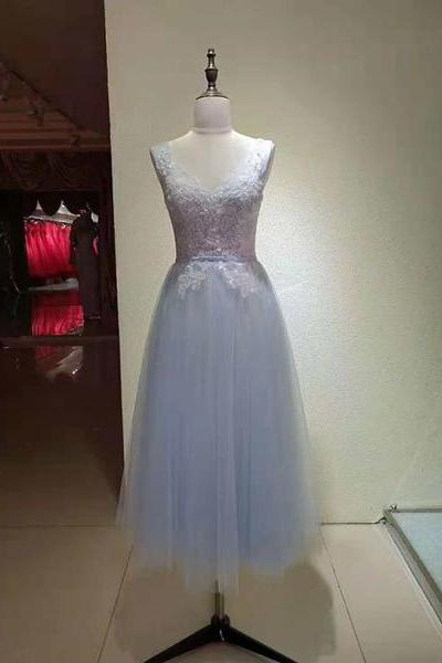 Charming Blue Tea Length Bridesmaid Dress, Lovely Simple Wedding Party Dress