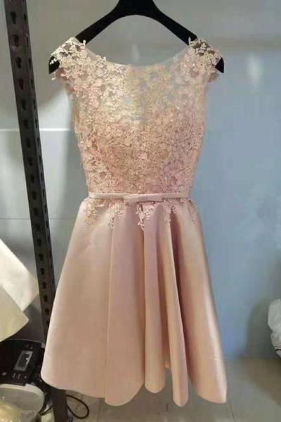 Pink Short Lace And Satin Lovely Knee Length Formal Dress, Pink Party Dress