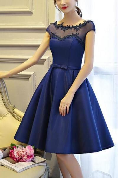 Blue Short Satin V Back Knee Length Homecoming Dress, Lovely Formal Dress