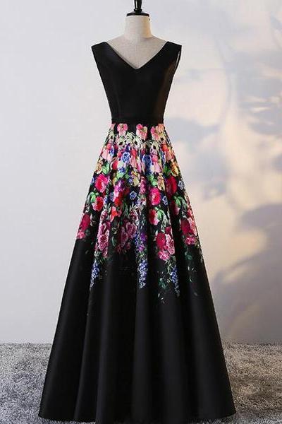 Black Floral Elegant Floor Length Party Dress , Black Satin Lace-up Formal Gown